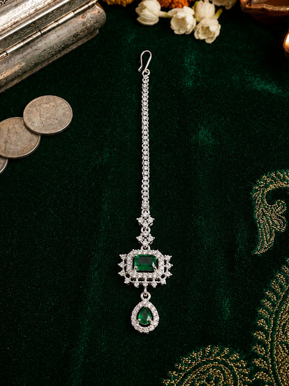 Silver Plated Green AD Maang Tikka for Women