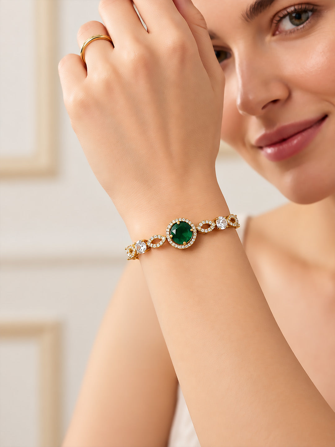 Antique Gold Plated Green AD Adjustable Bracelet for Women