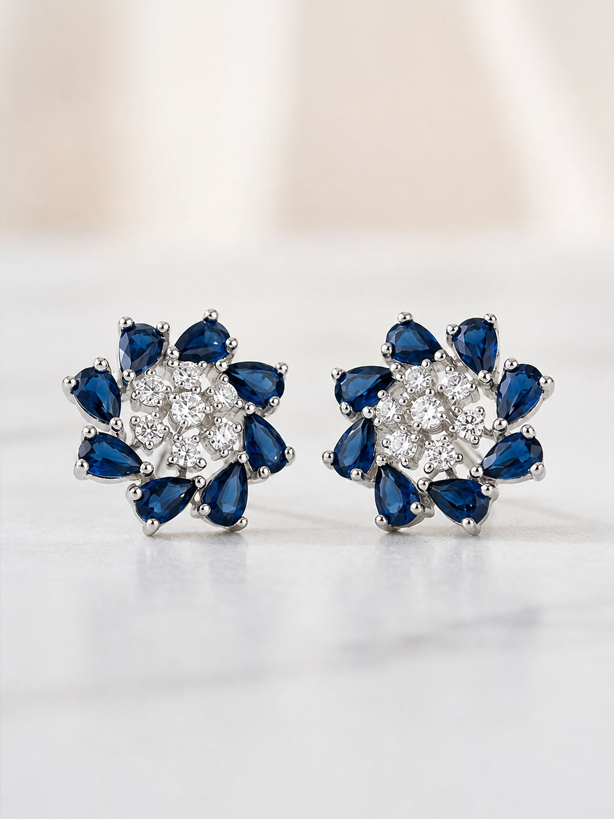Silver Plated Blue Floral Stud Earrings for Women