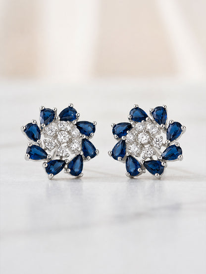 Silver Plated Blue Floral Stud Earrings for Women