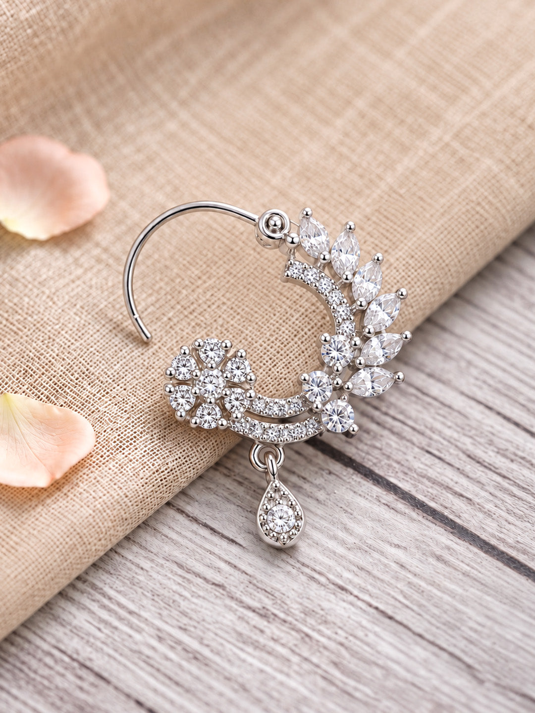 Rhodium Plated American Dimaond Drop Nose Ring
