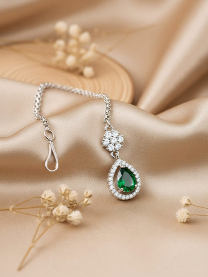 Rhodium Plated Green AD Teardrop Maang Tikka for Women