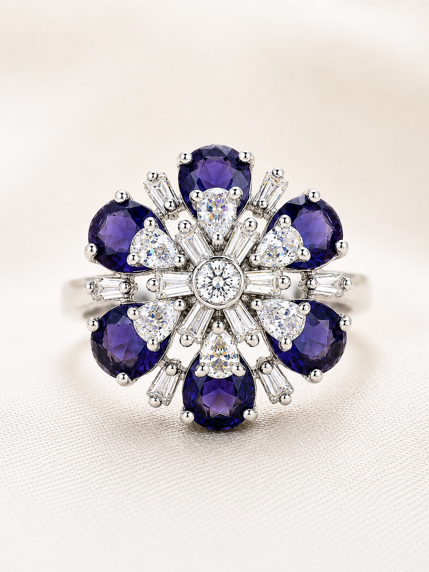 Silver Plated Purple AD Floral Finger Ring for Women