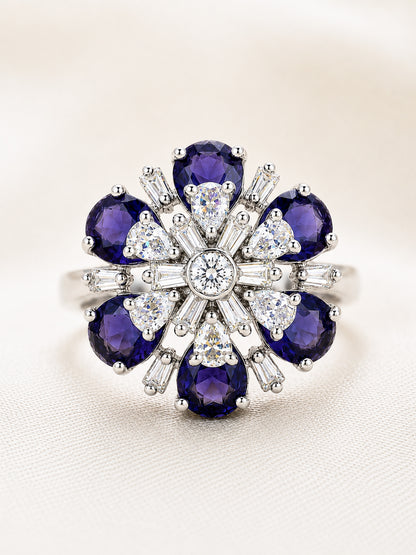 Silver Plated Purple AD Floral Finger Ring for Women
