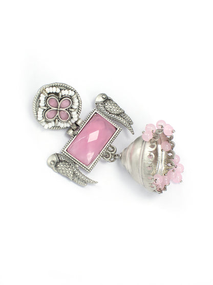 Pink Floral Bird Monalisa Stone Jhumka Earrings
