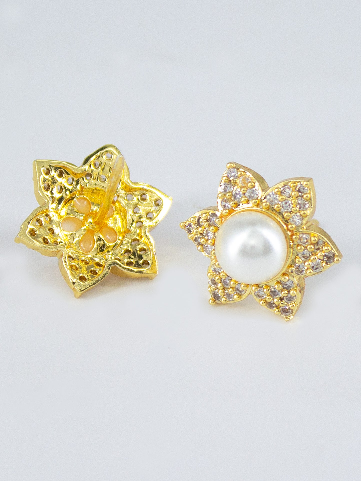 Gold Plated American Diamond Floral Stud Earrings for Women