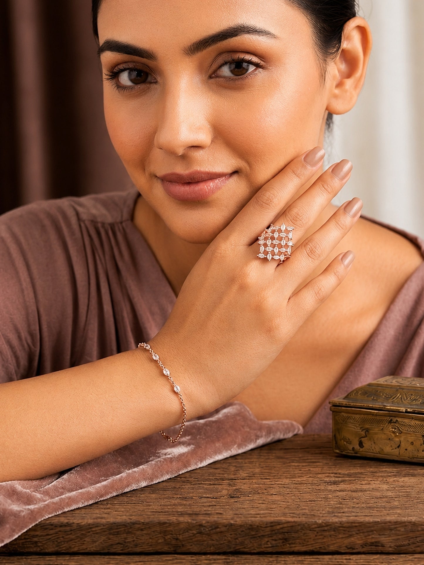 Rose Gold Plated AD Adjustable Finger Ring for Women