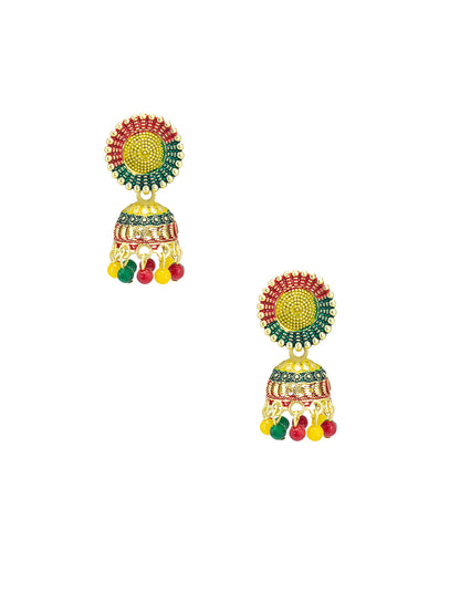 Gold Plated Circular Multi Color Artificial Beaded Jhumki Earrings