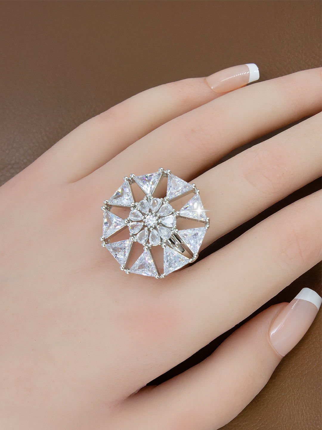 Silver Plated Cocktail AD Adjustable Ring For Women