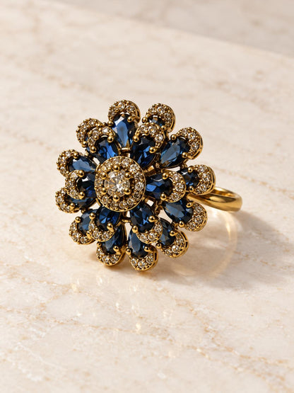 Antique Gold Plated Blue AD Floral Finger Ring for Women