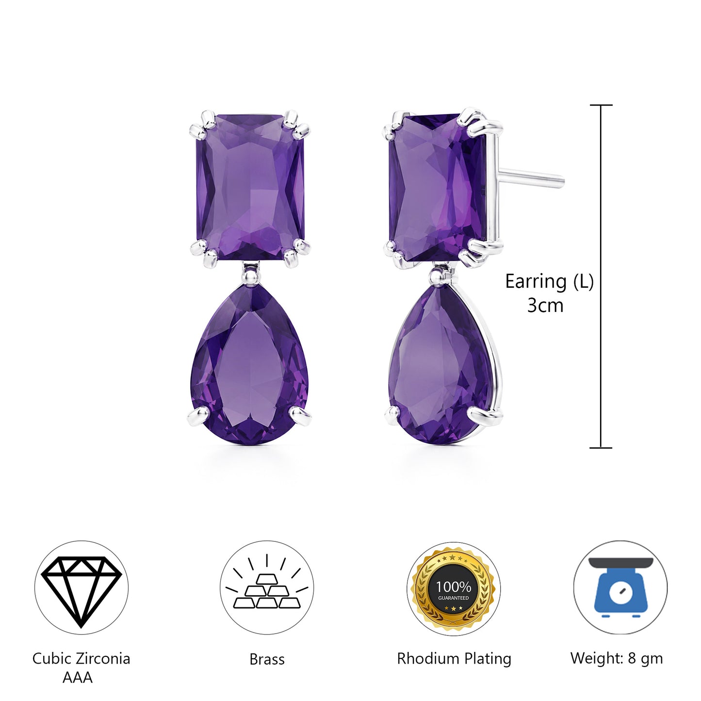 Silver Plated Purple AD Teardrop Earrings for Women