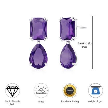 Silver Plated Purple AD Teardrop Earrings for Women