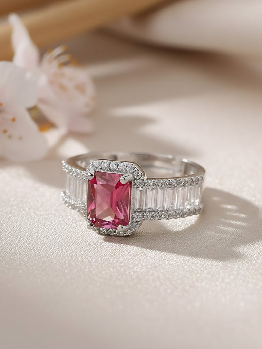 Silver Plated Red American Diamond Adjustable Ring for Women