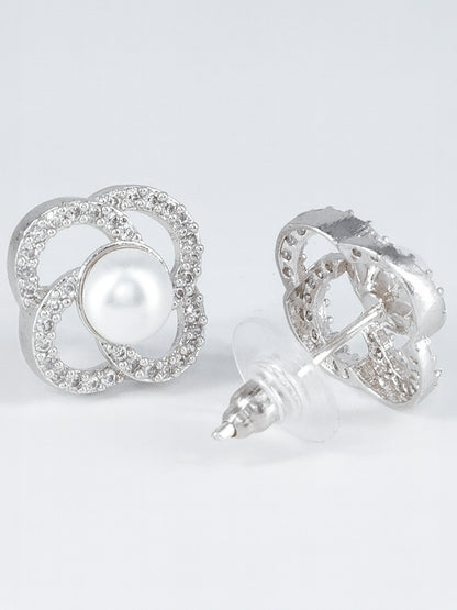 Silver Plated AD Floral Design Stud Earrings for Women