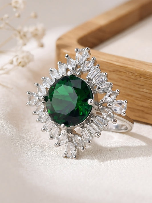 Rhodium Plated Green AD Finger Ring for Women