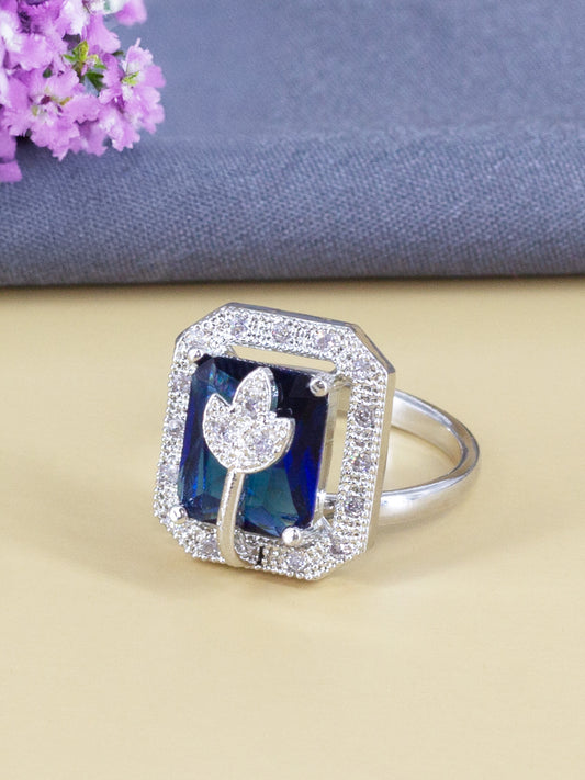 Rhodium Plated Blue AD Leaf Adjustable Ring for Women