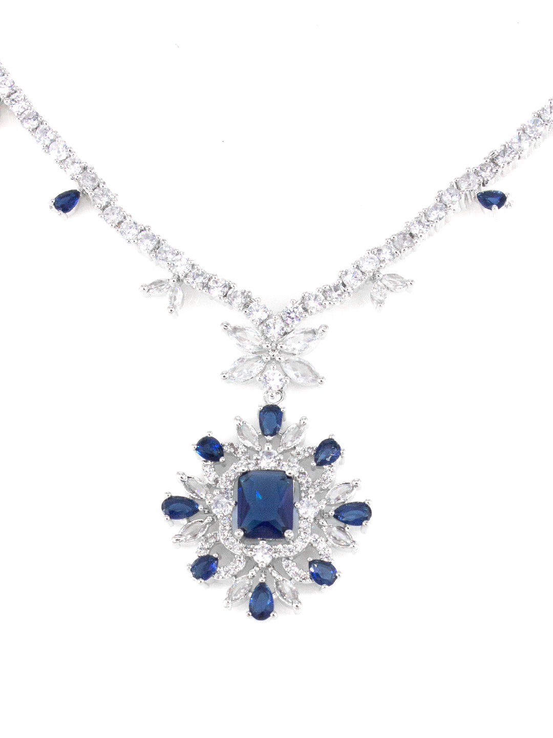 Silver Plated Blue Floral AD Jewellery Set