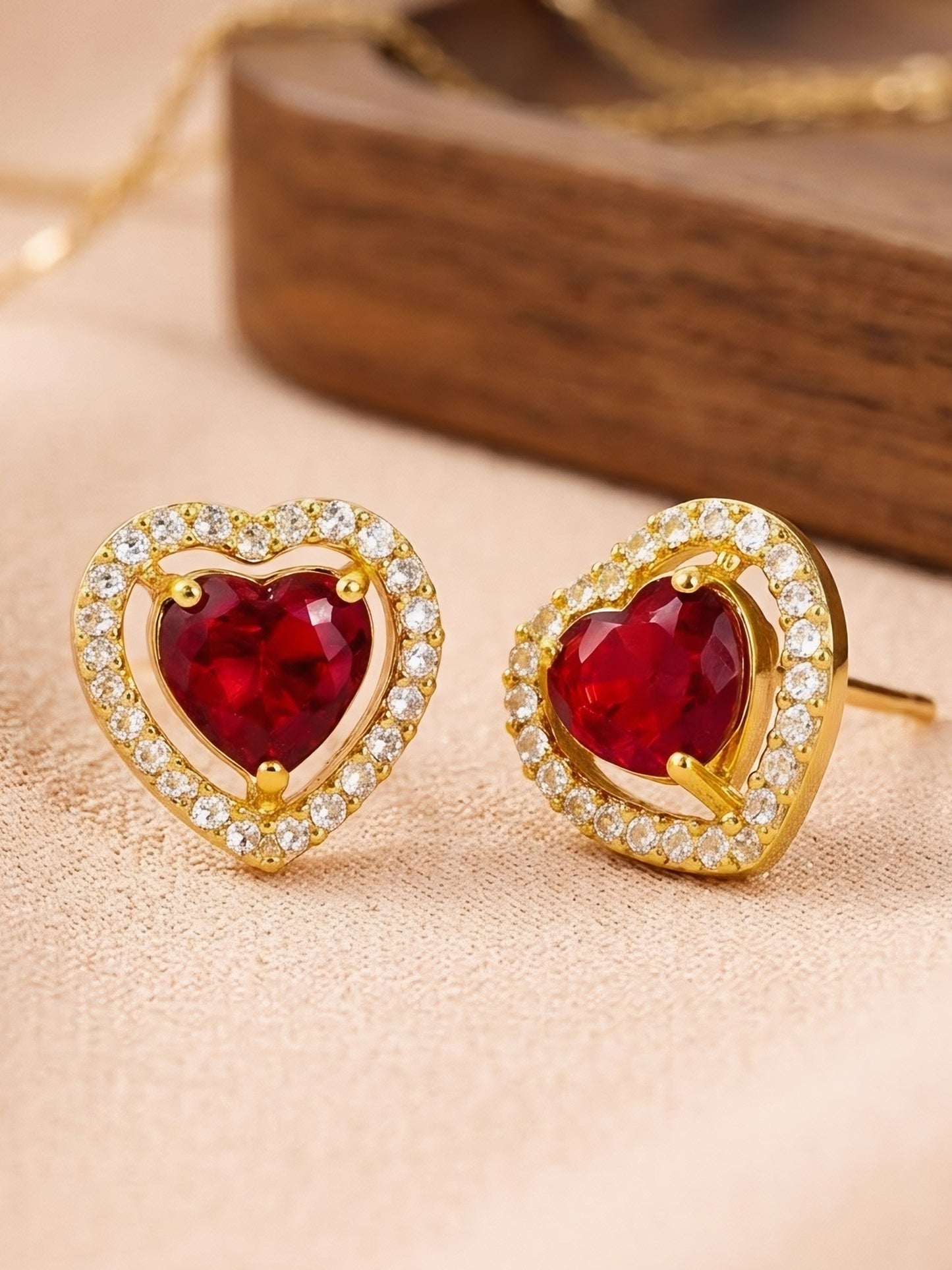 Gold Plated Red AD Heart Earrings for Women