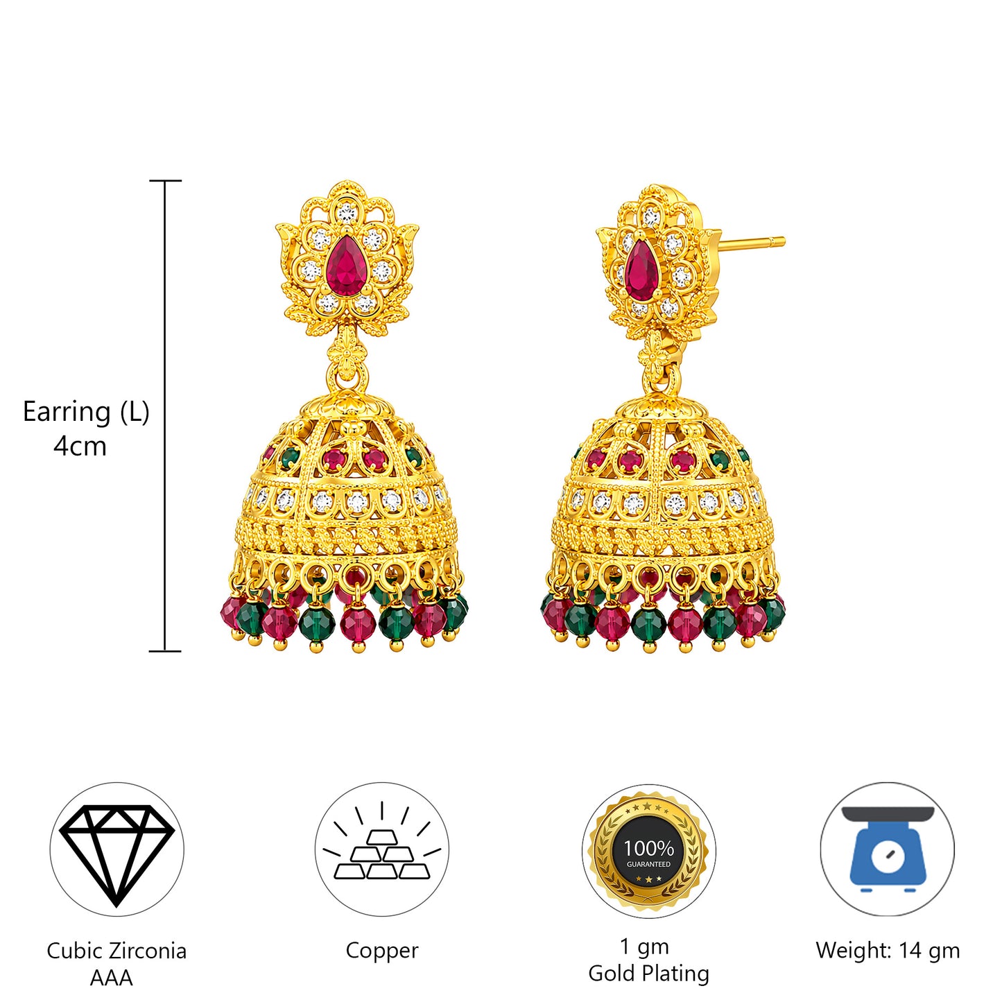 1 Gram Gold Plated AD Jhumka Earrings for Women