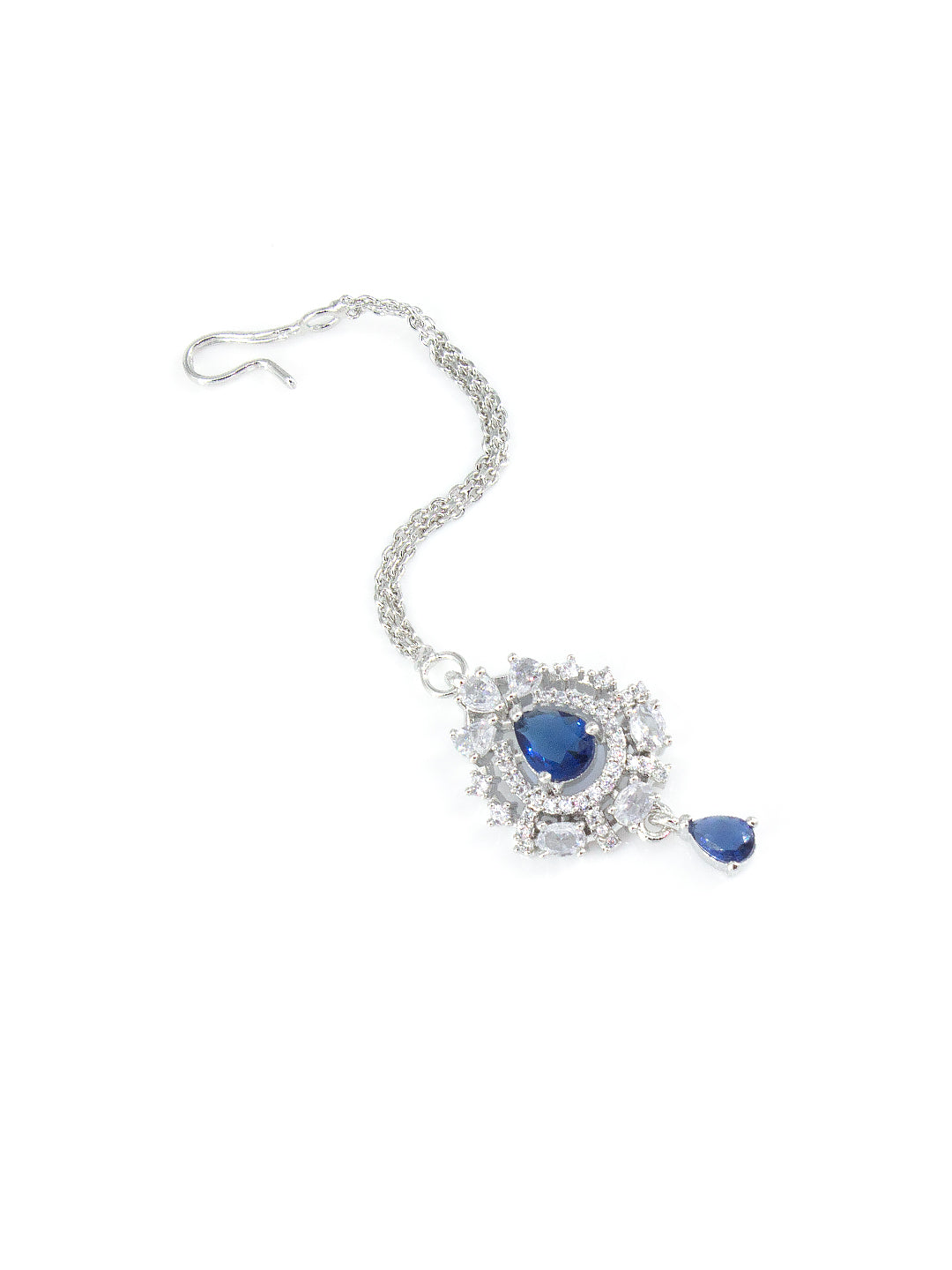 Silver Plated Blue AD Tear Drop Maang Tikka