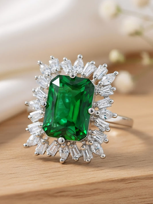 Rhodium Plated Green AD Adjustable Ring for Women