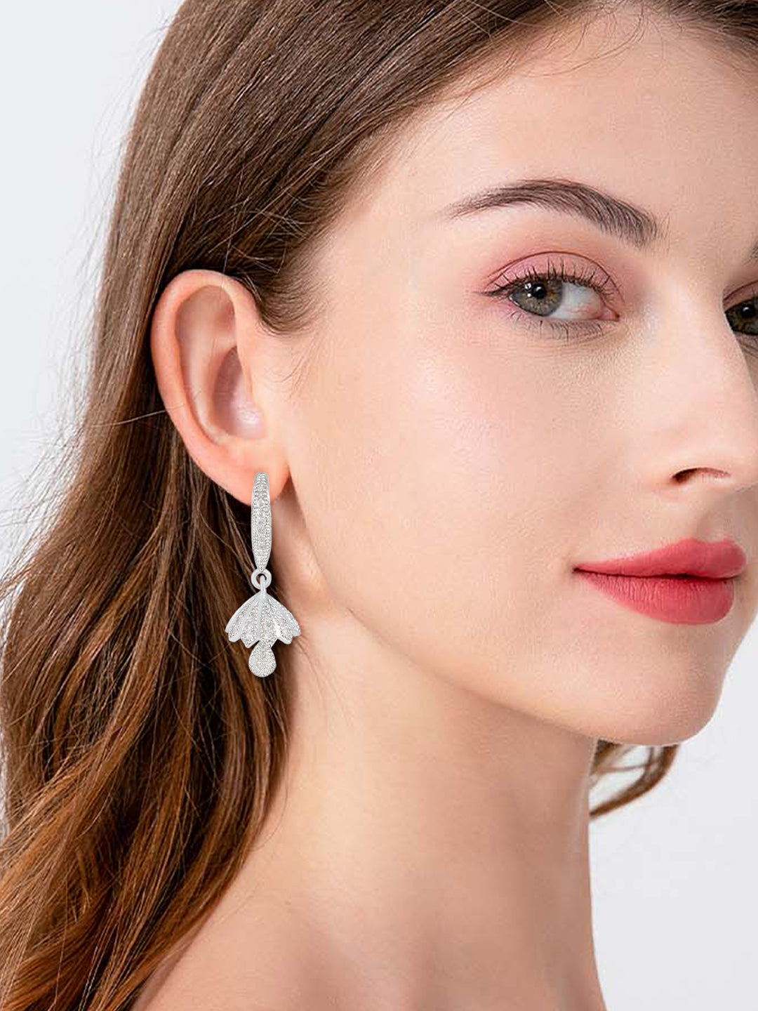 Silver Plated American Diamond Small Flower Shaped Drop Jhumka Earring