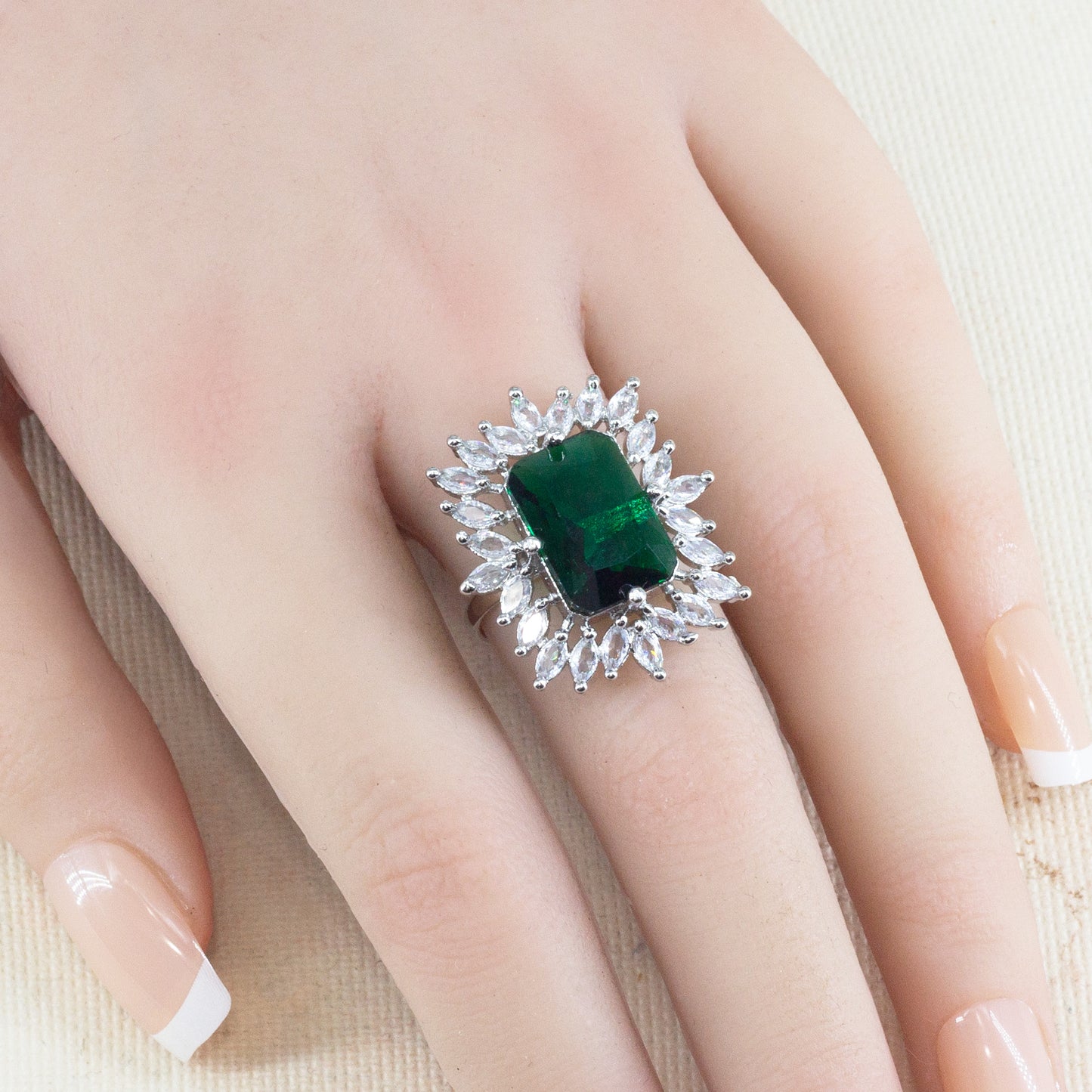 Rhodium Plated Green AD Finger Ring for Women