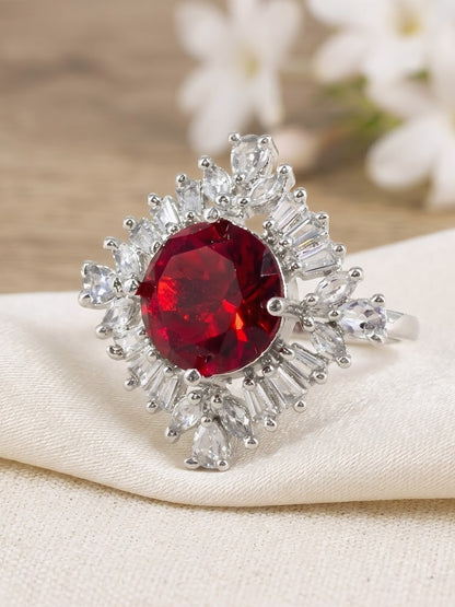 Rhodium Plated Red AD Finger Ring for Women