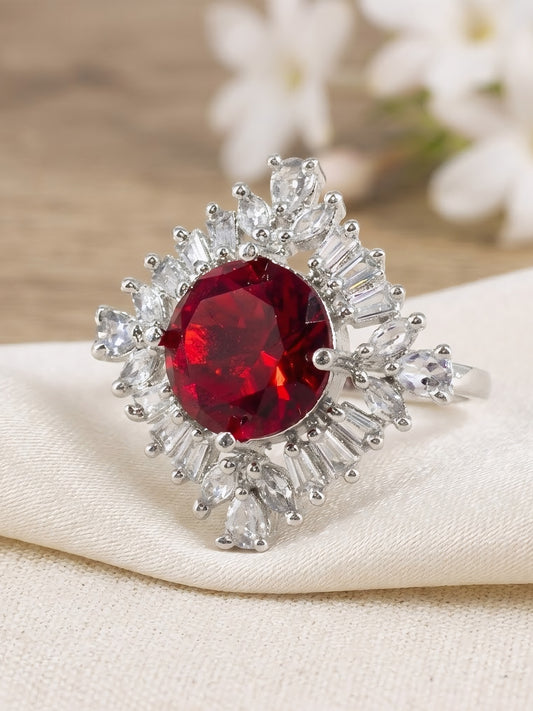 Rhodium Plated Red AD Finger Ring for Women