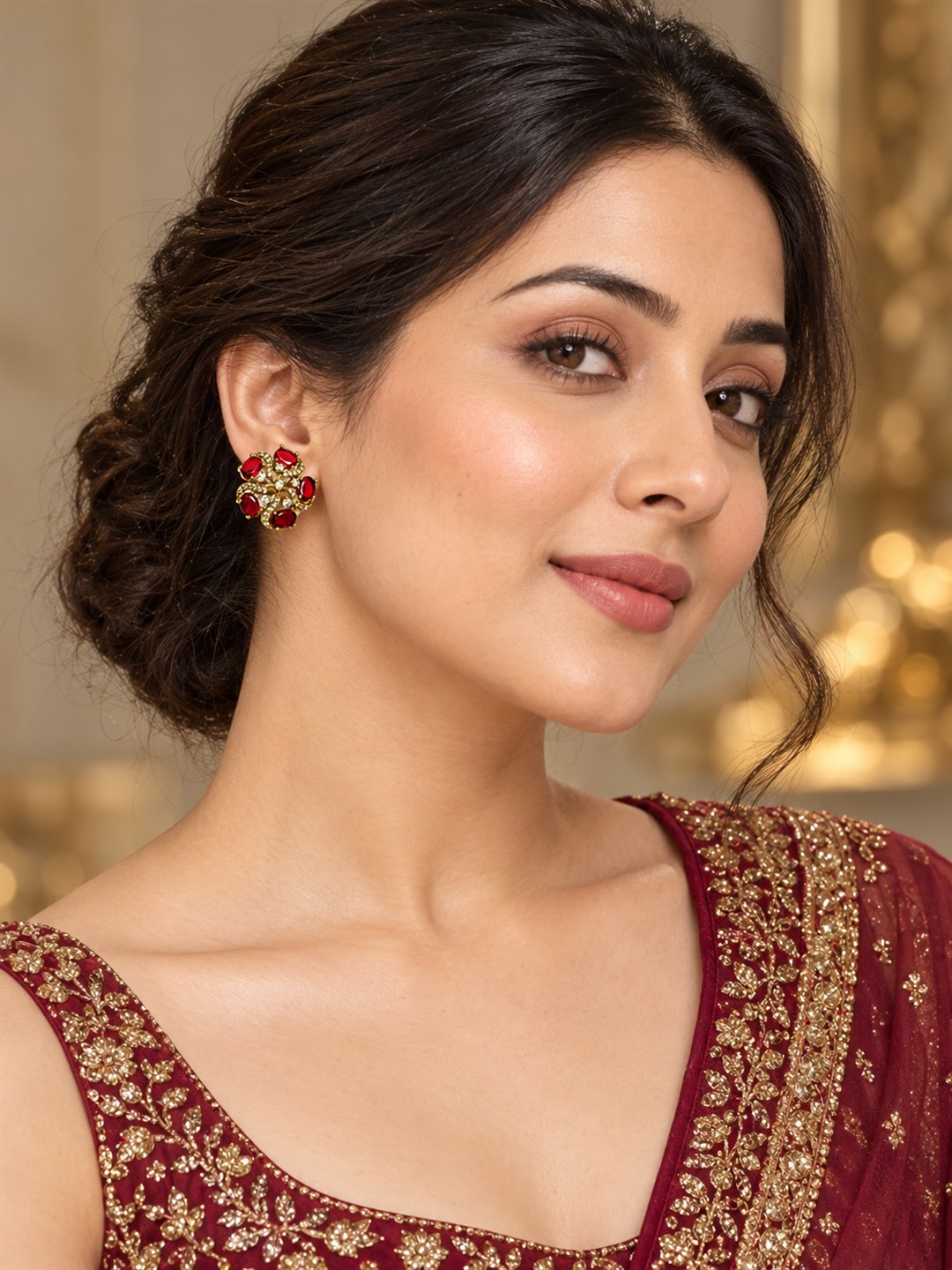 South Indian Gold Plated Red AD Floral Stud Earrings for Women