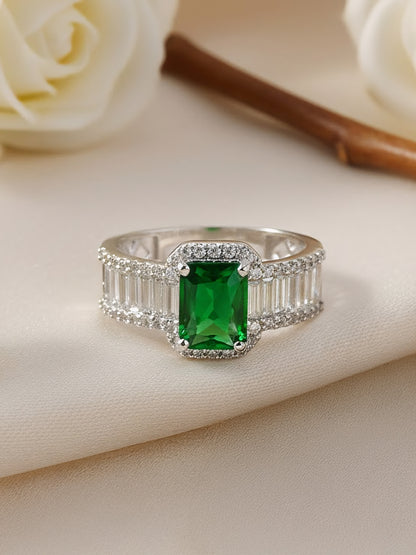Silver Plated Green American Diamond Adjustable Ring for Women