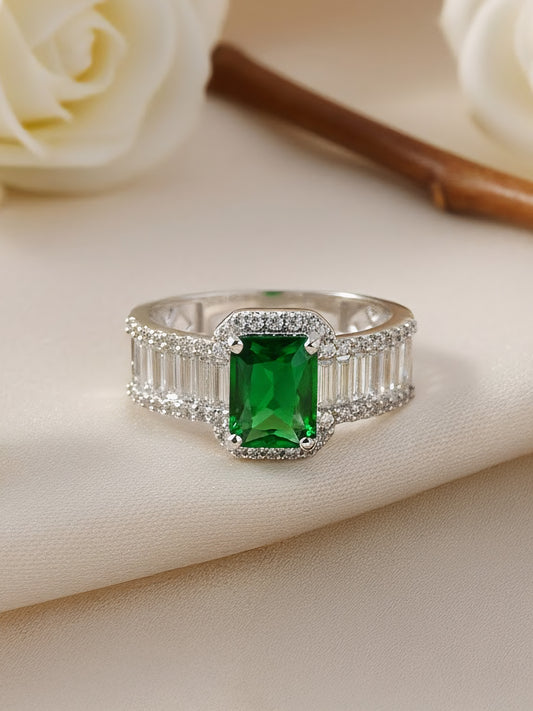 Silver Plated Green American Diamond Adjustable Ring for Women