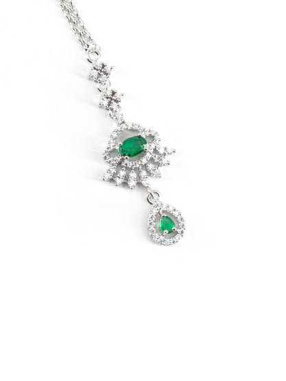 Silver Plated Green AD Drop Maang Tikka for Women