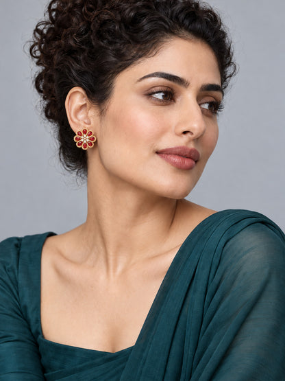 South Indian Gold Plated Red AD Floral Stud Earrings for Women