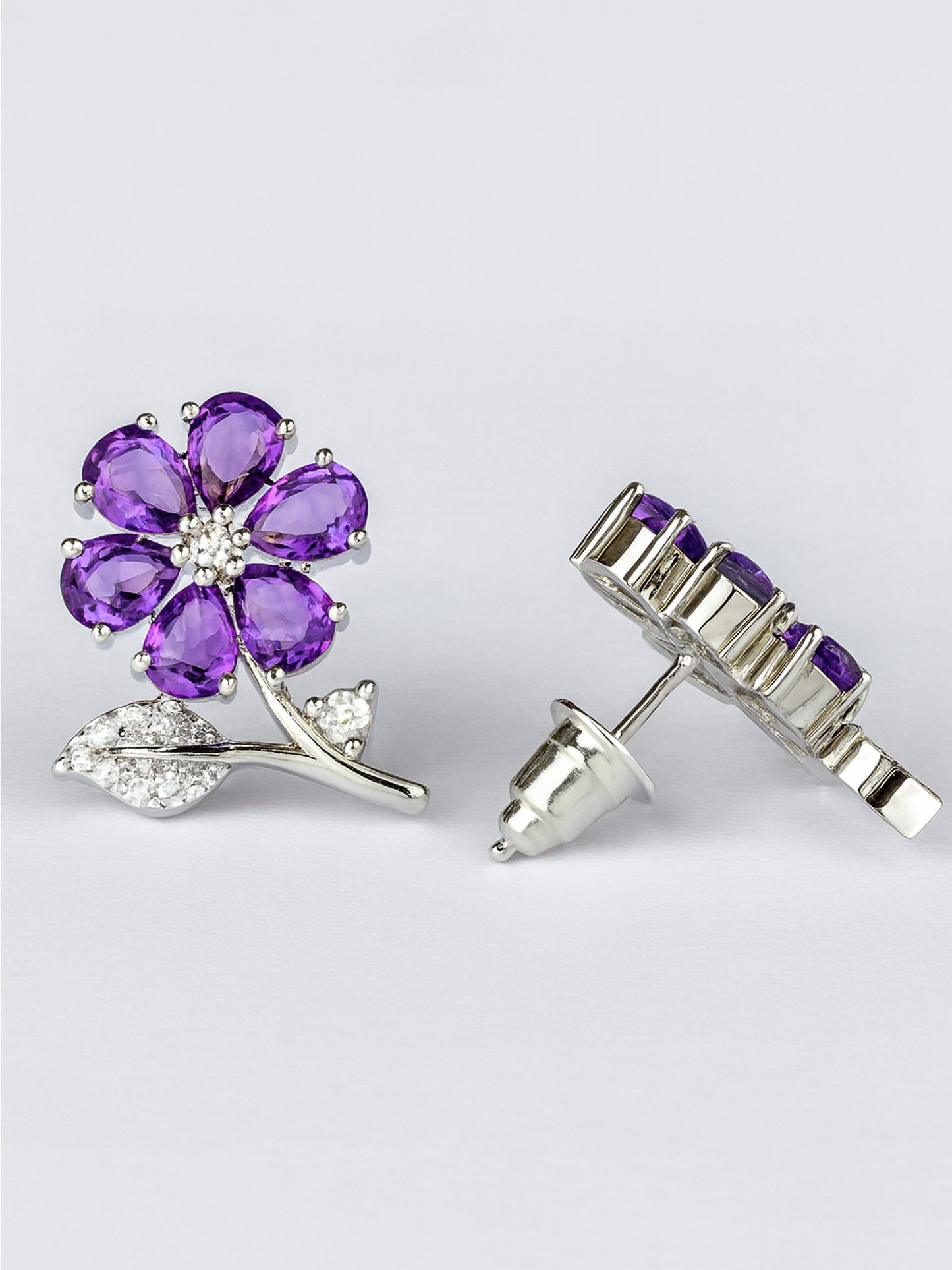 Silver Plated Purple AD Floral Stud Earrings for Women