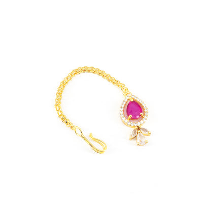 Gold Plated Ruby American Diamond Teardrop Maang Tikka for Women and Girls