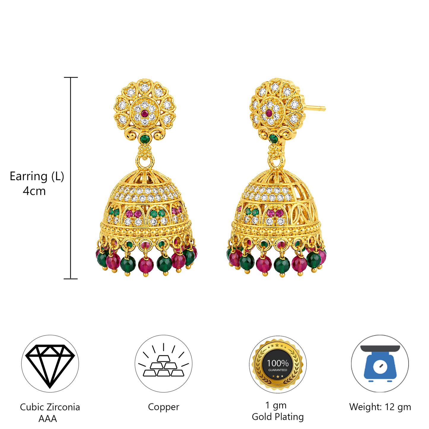 1 Gram Gold Plated AD Jhumka Earrings for Women