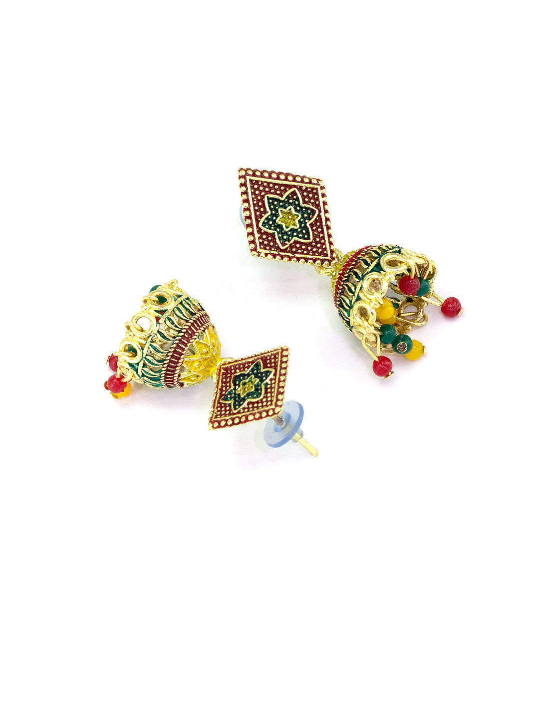 Gold Plated Floral Rhombus Multi Color Artificial Beaded Jhumki Earrings