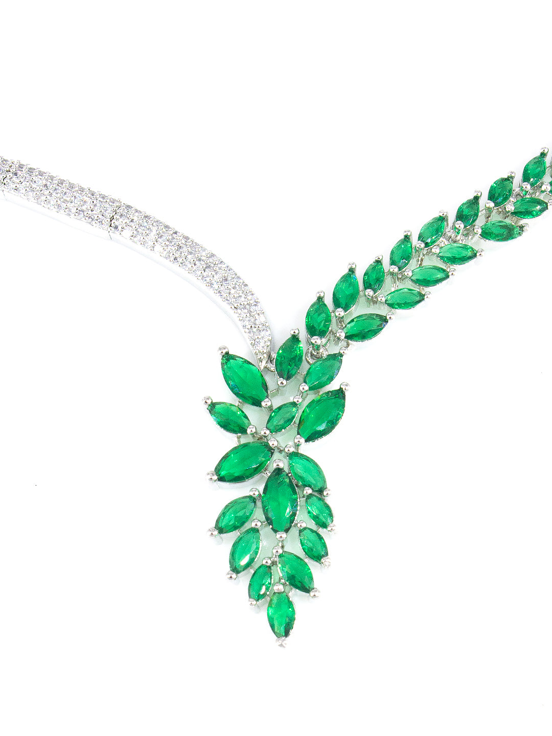 Silver Plated Green AD Designer Floral Sleek Jewellery Set
