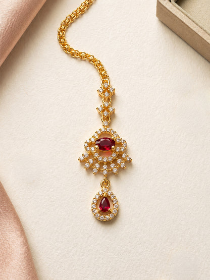 Gold Plated Red AD Maang Tikka for Women