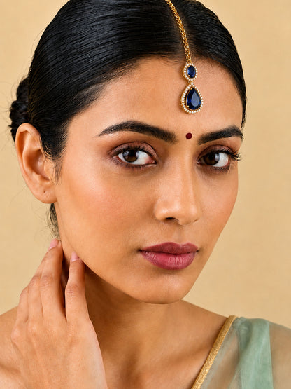 Antique Gold Plated Blue AD Maang Tikka for Women