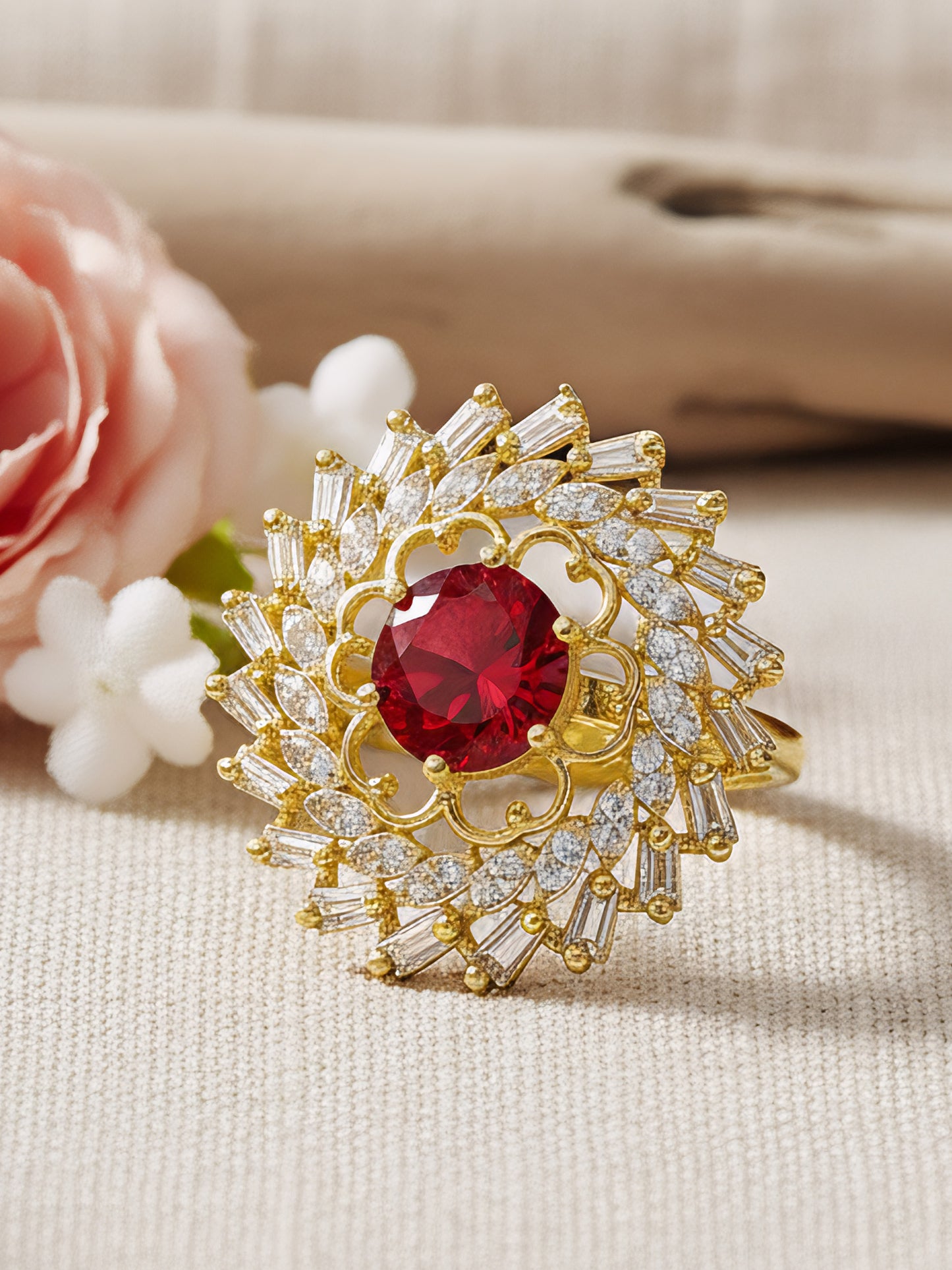 Gold Plated Red AD Adjustable Floral Ring for Women