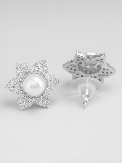 Rhodium Plated AD Floral Stud Earrings for Women