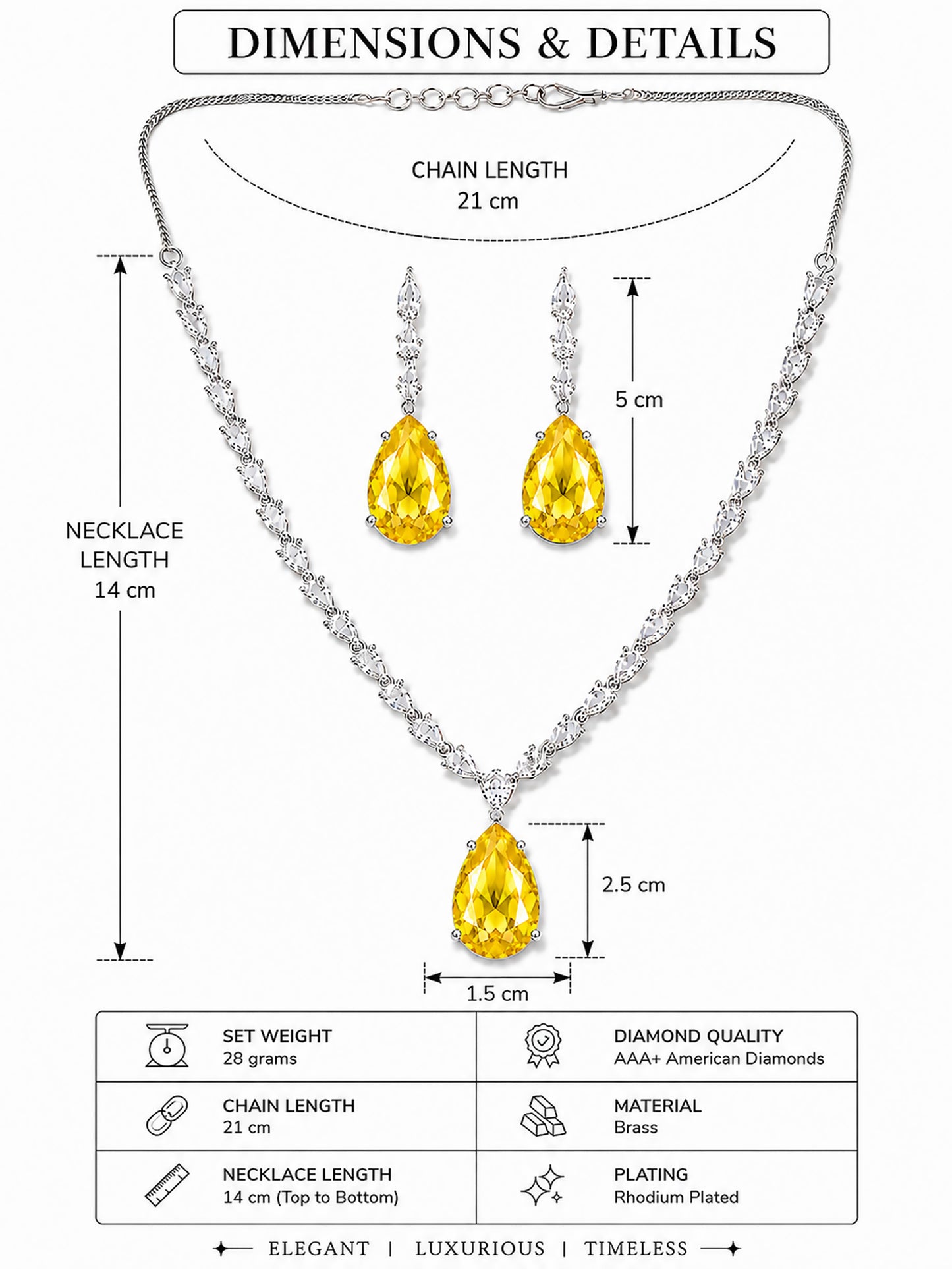 Silver Plated Yellow Teardrop AD Jewellery Set for Women