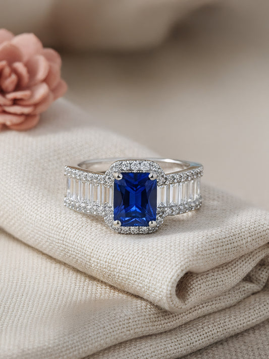 Silver Plated Blue American Diamond Adjustable Ring for Women