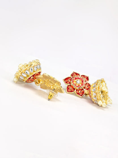 Red Floral Beads Drop Jhumka Earrings