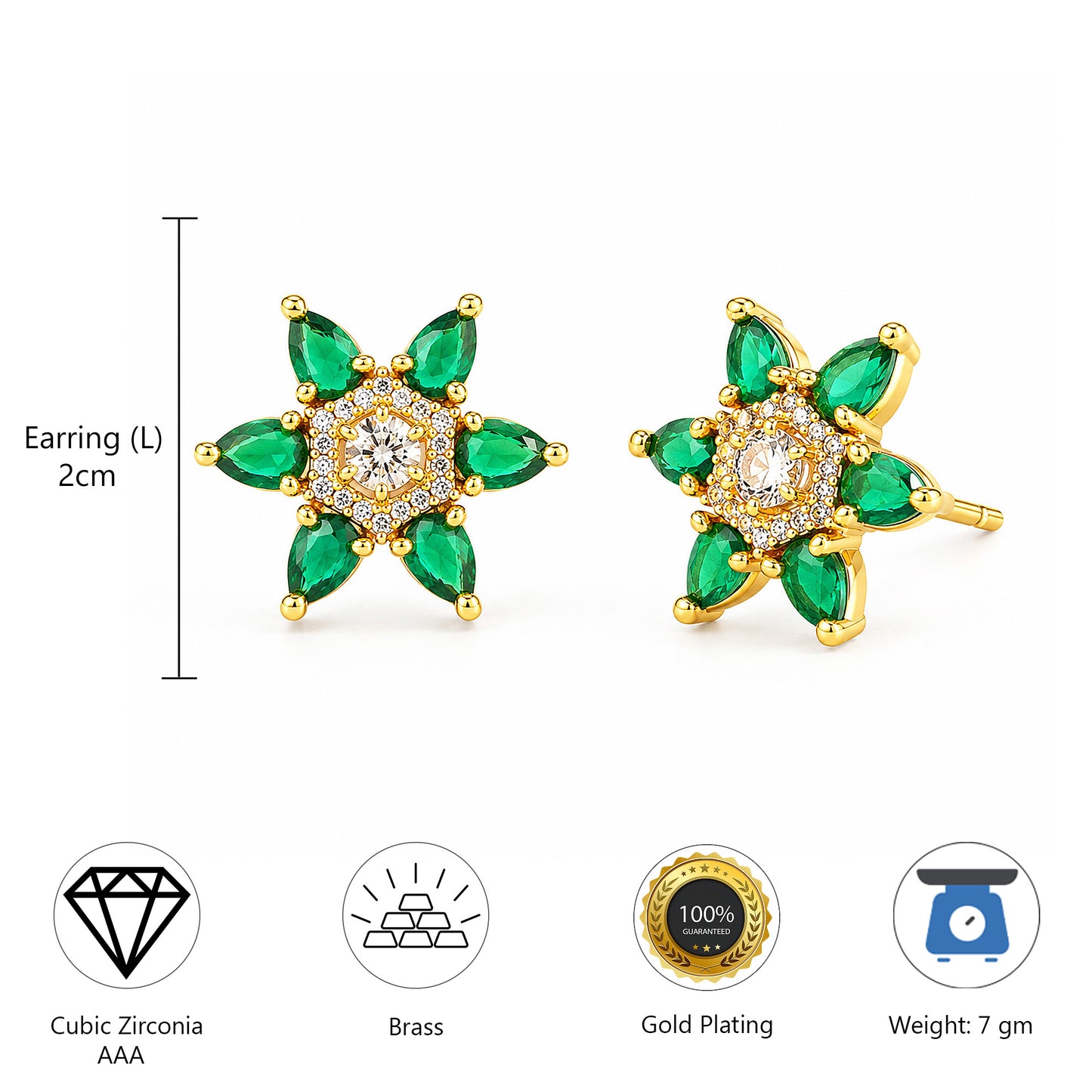 Gold Plated Green AD Floral Stud Earrings for Women