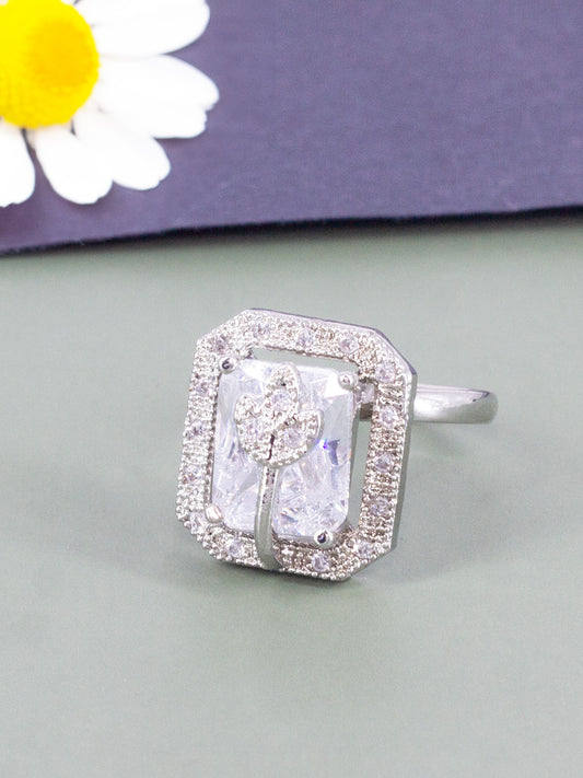Rhodium Plated White AD Leaf Adjustable Ring for Women
