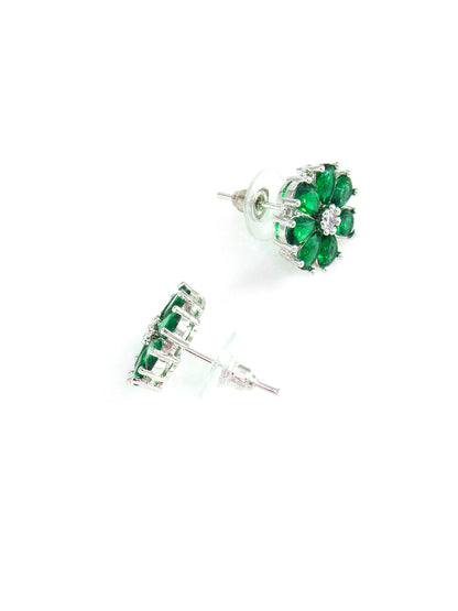 Silver Plated Green Floral AD Stud Earrings For Women