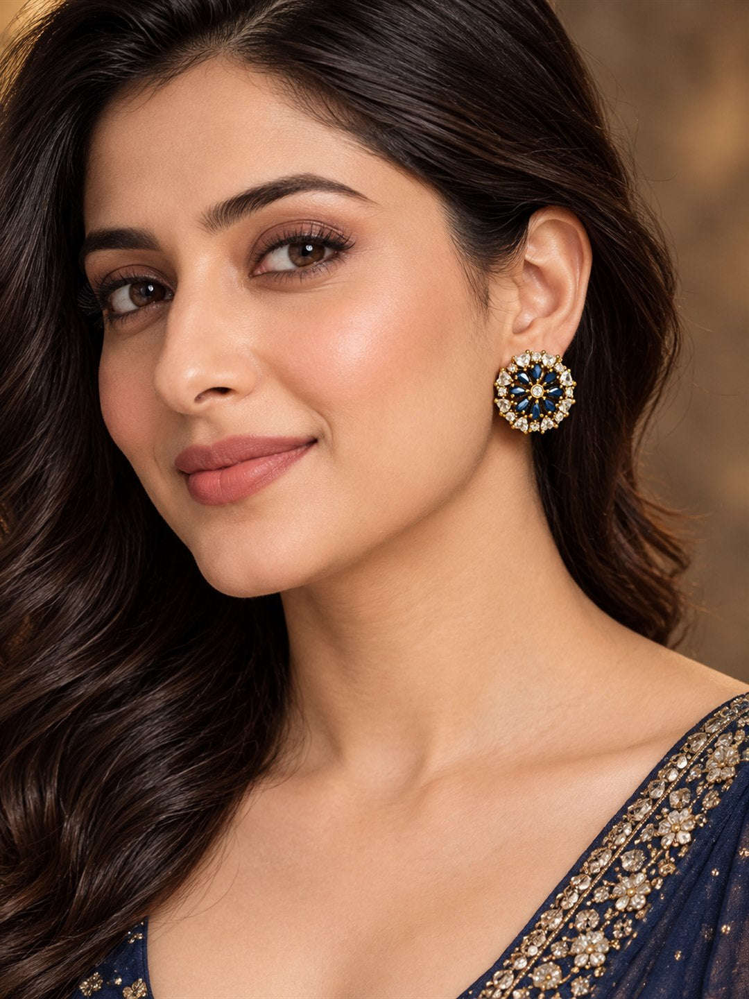 South Indian Gold Plated Blue AD Floral Stud Earrings for Women